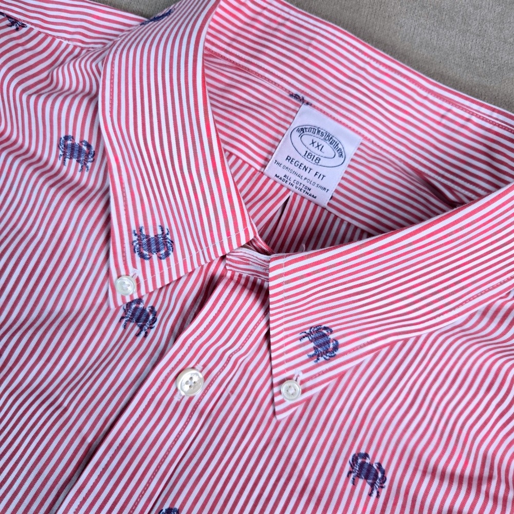 Brooks Brothers Shirt Mens 2XL Red Striped Geometric Crab Regent Button Down